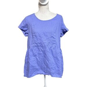 FLAX Linen Top Womens Small Purple A-Line Short Sleeve Lagenlook Pockets